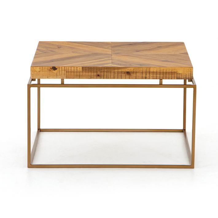 Geometric Wood Coffee Table with Brass Metal Base – Modern Chic