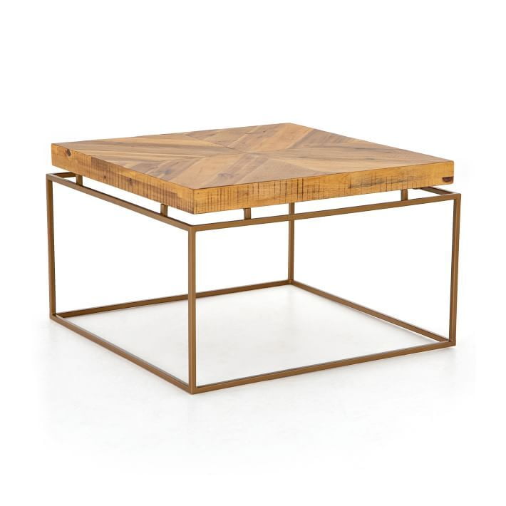 Geometric Wood Coffee Table with Brass Metal Base – Modern Chic