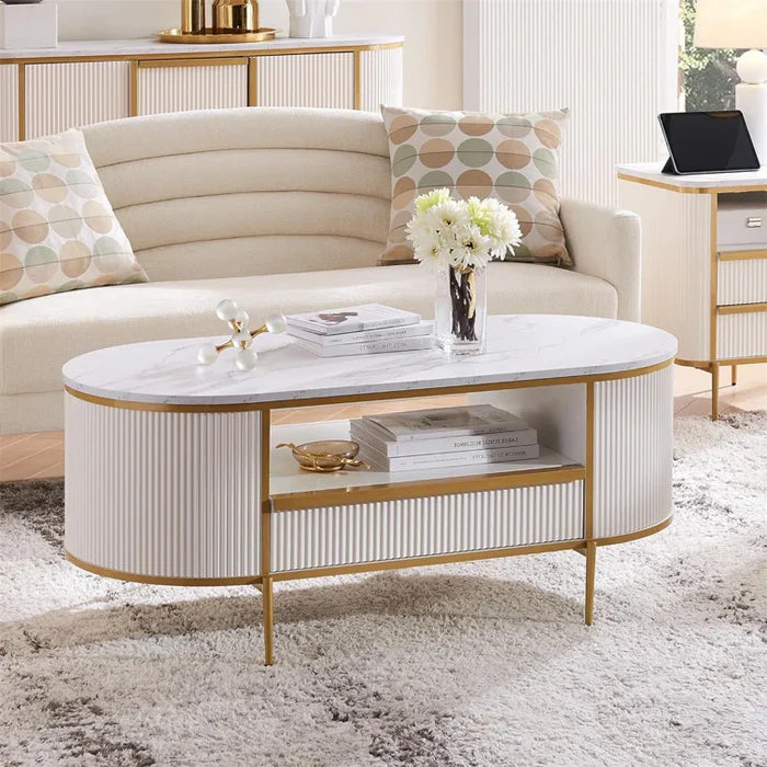 Oval Coffee Table With Storage, Center Table With Open Shelf, Fluted Design