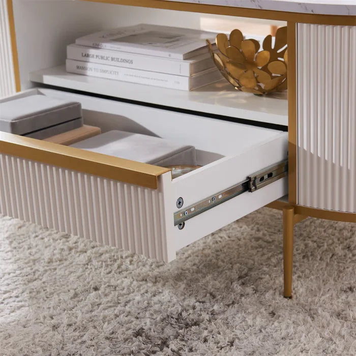 Oval Coffee Table With Storage, Center Table With Open Shelf, Fluted Design