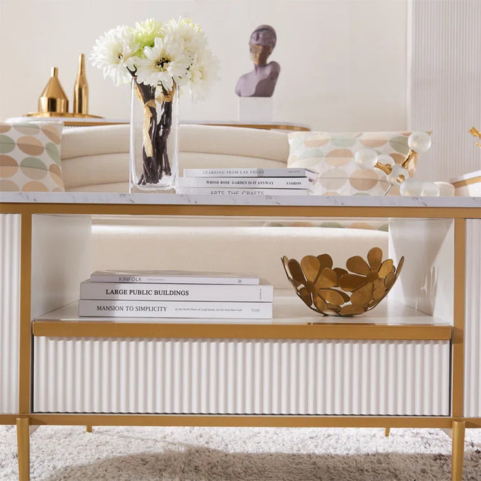 Oval Coffee Table With Storage, Center Table With Open Shelf, Fluted Design