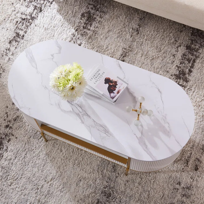 Oval Coffee Table With Storage, Center Table With Open Shelf, Fluted Design