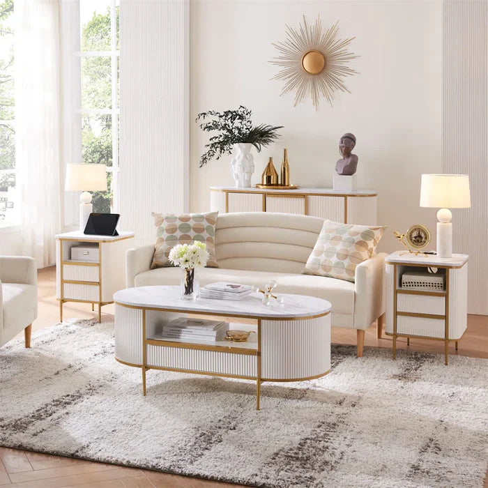 Oval Coffee Table With Storage, Center Table With Open Shelf, Fluted Design