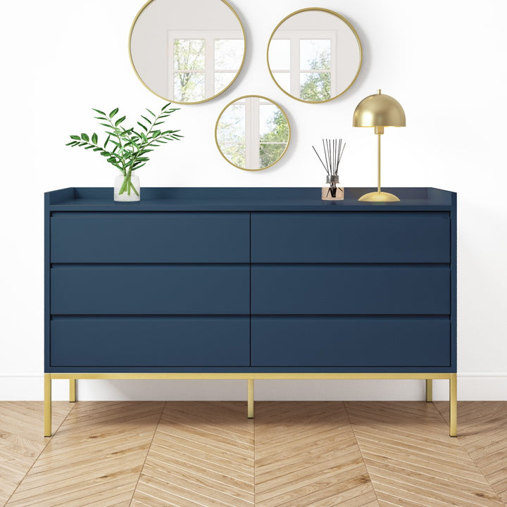 Wide Navy Blue Modern Chest of 6 Drawers with Legs