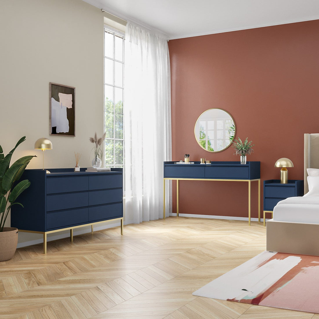 Wide Navy Blue Modern Chest of 6 Drawers with Legs