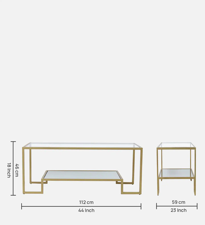Bridgeview Metal Coffee Table In Golden Finish With Glass Top