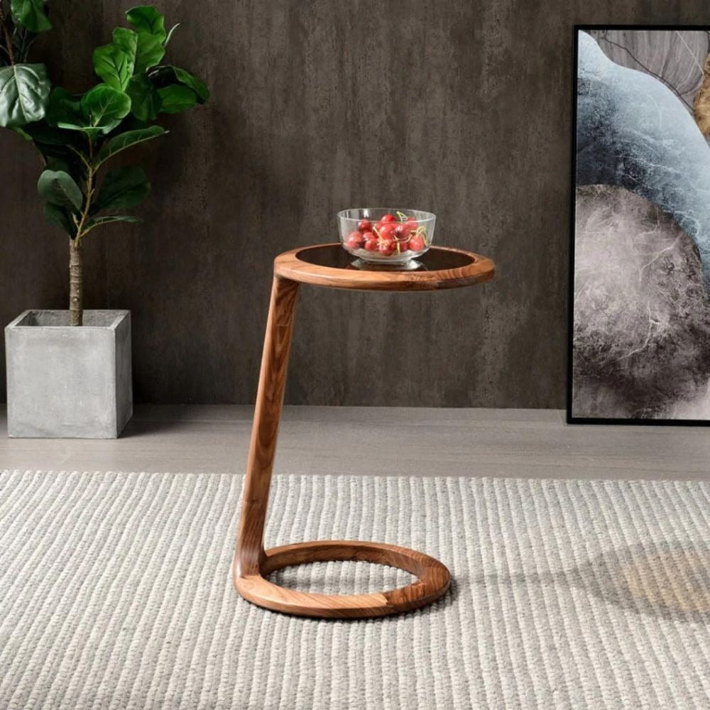 Solid Wood Side Table With Glass Top | Brown