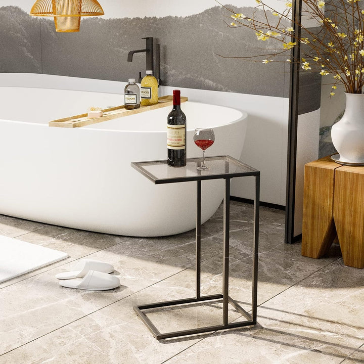 C Shaped End Table, Tempered Glass Snack Side Table with Metal Frame