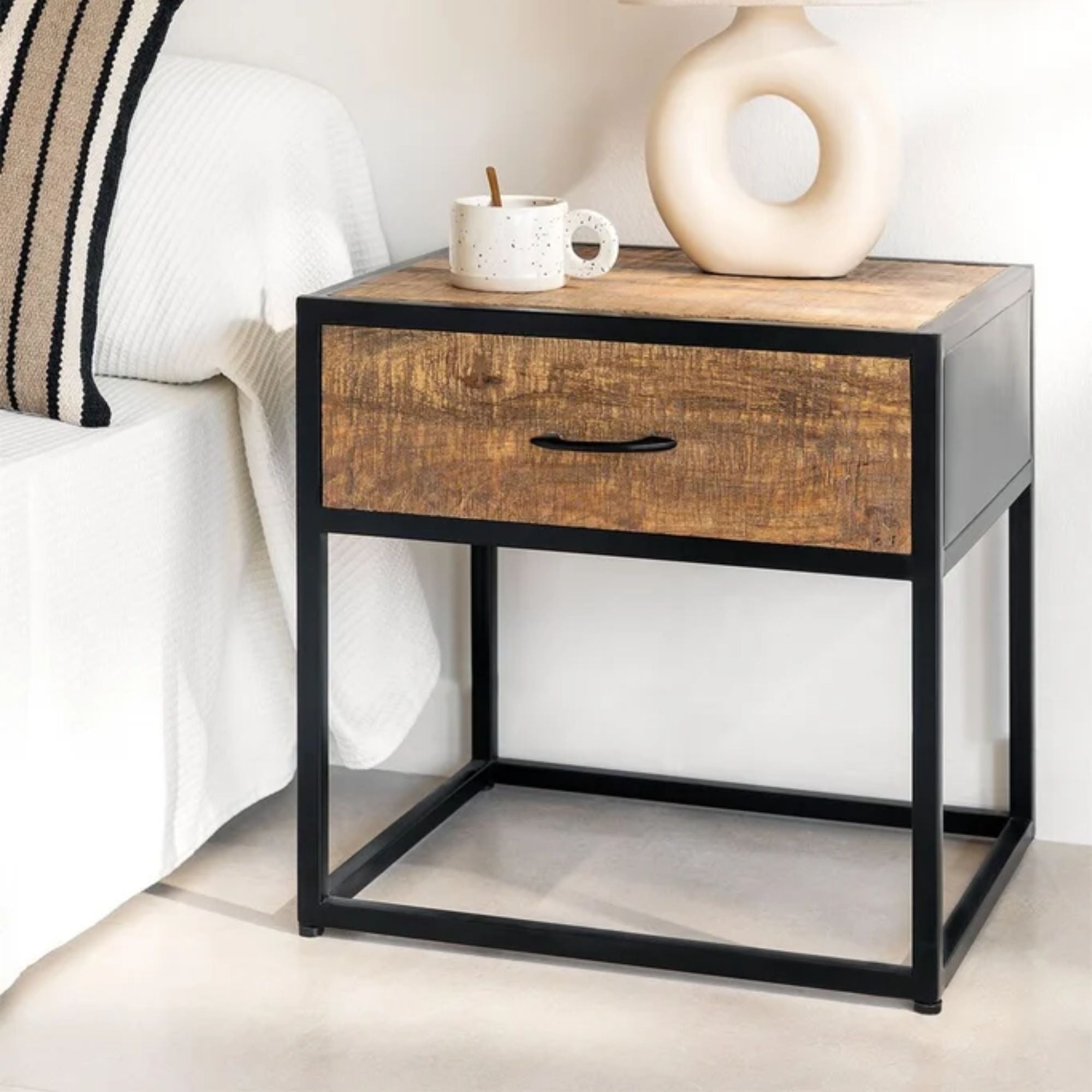 Metal Wood nightstand With Storage | Black-Brown