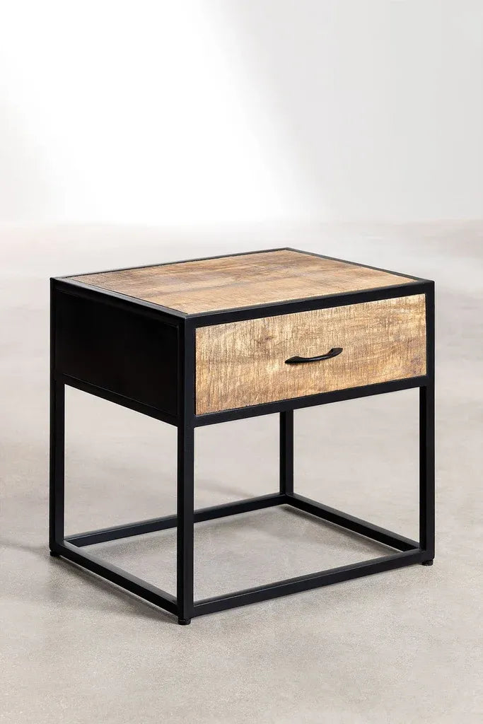 Metal Wood nightstand With Storage | Black-Brown