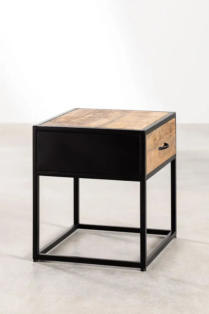 Metal Wood nightstand With Storage | Black-Brown