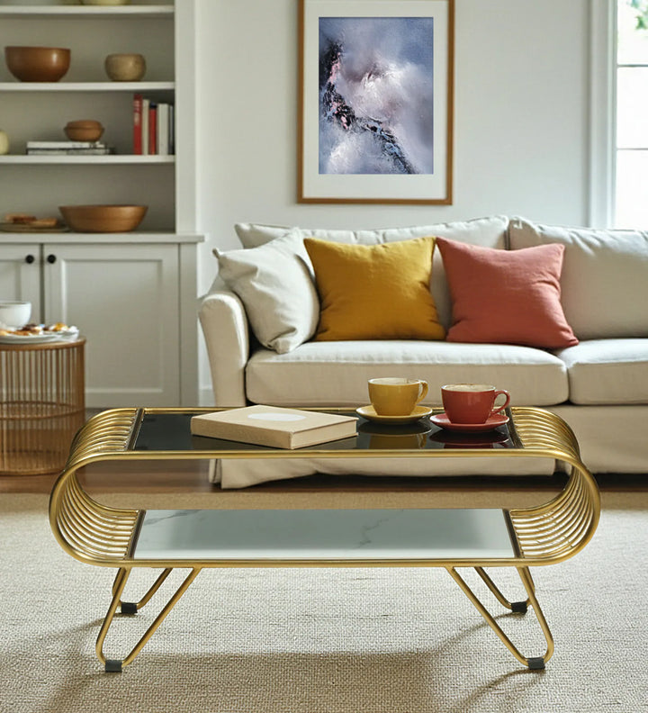 Krenz Metal Coffee Table In Brass Finish With Glass Top