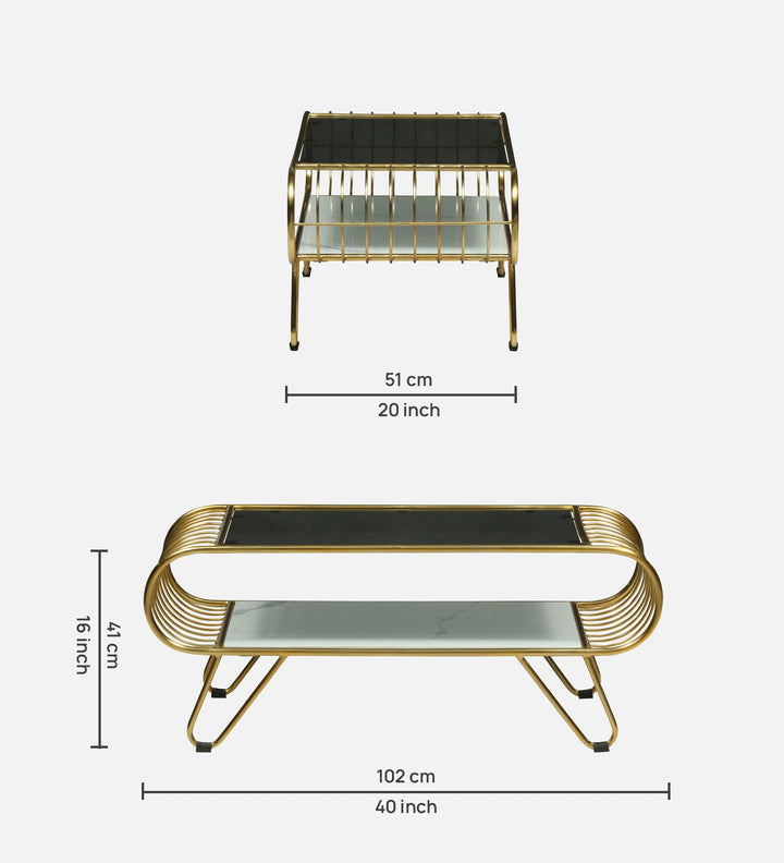 Krenz Metal Coffee Table In Brass Finish With Glass Top
